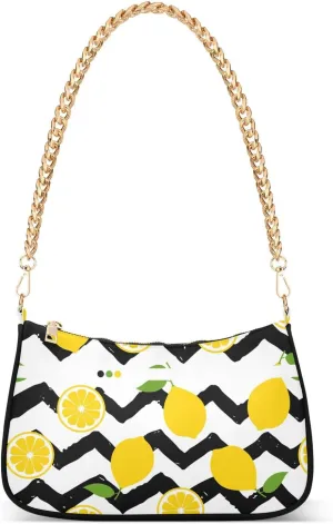 Sliced Lemon Fruits Stripes Shoulder Handbags for Women Travel Hobo Tote Handbag Women Gold Chain Shoulder Bags Purse with Zipper Closure