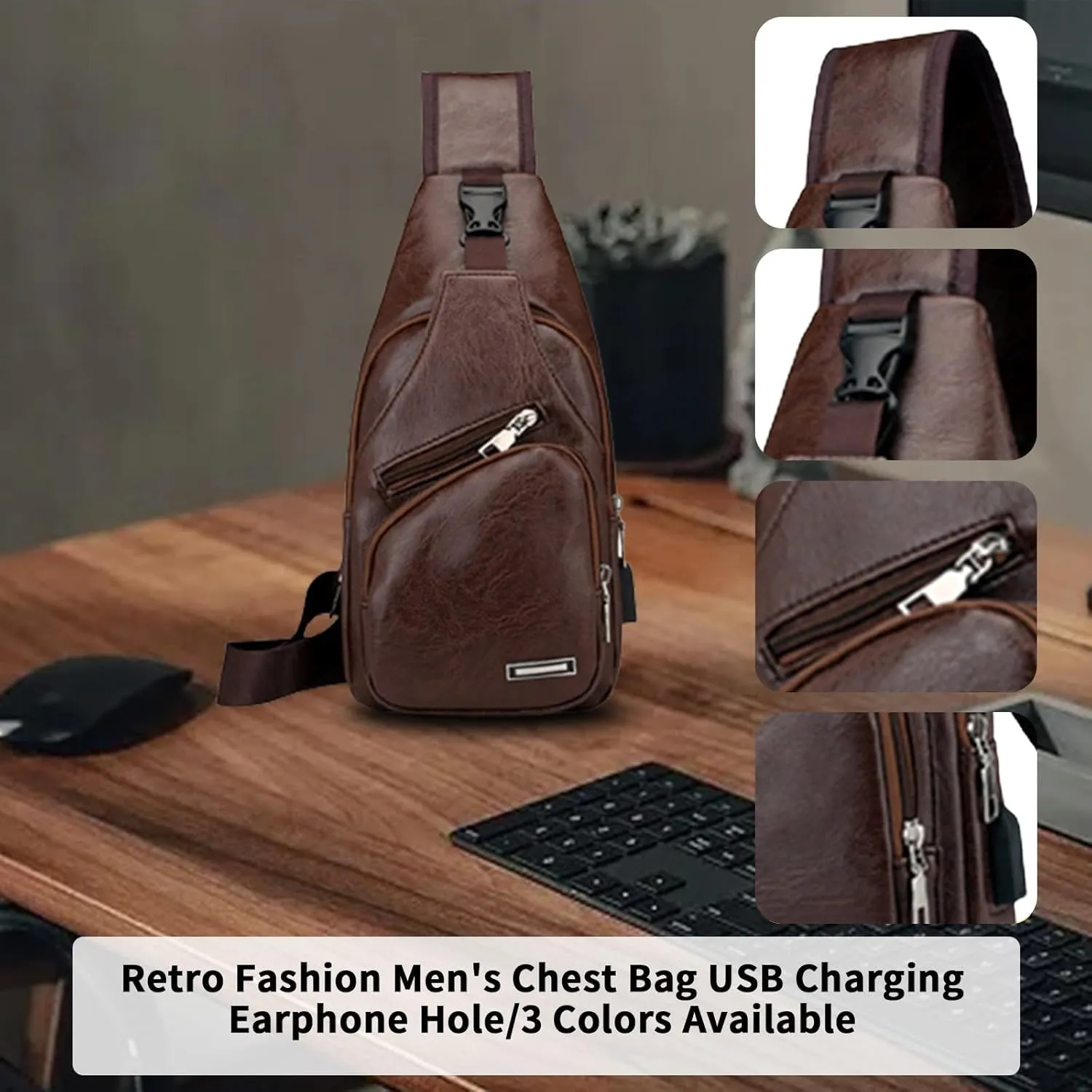Sling Bag For Men Women, Portable Crossbody Daypack Chest Bags With Earphone Hole, Shoulder Backpack For Hiking Camping (Brown)