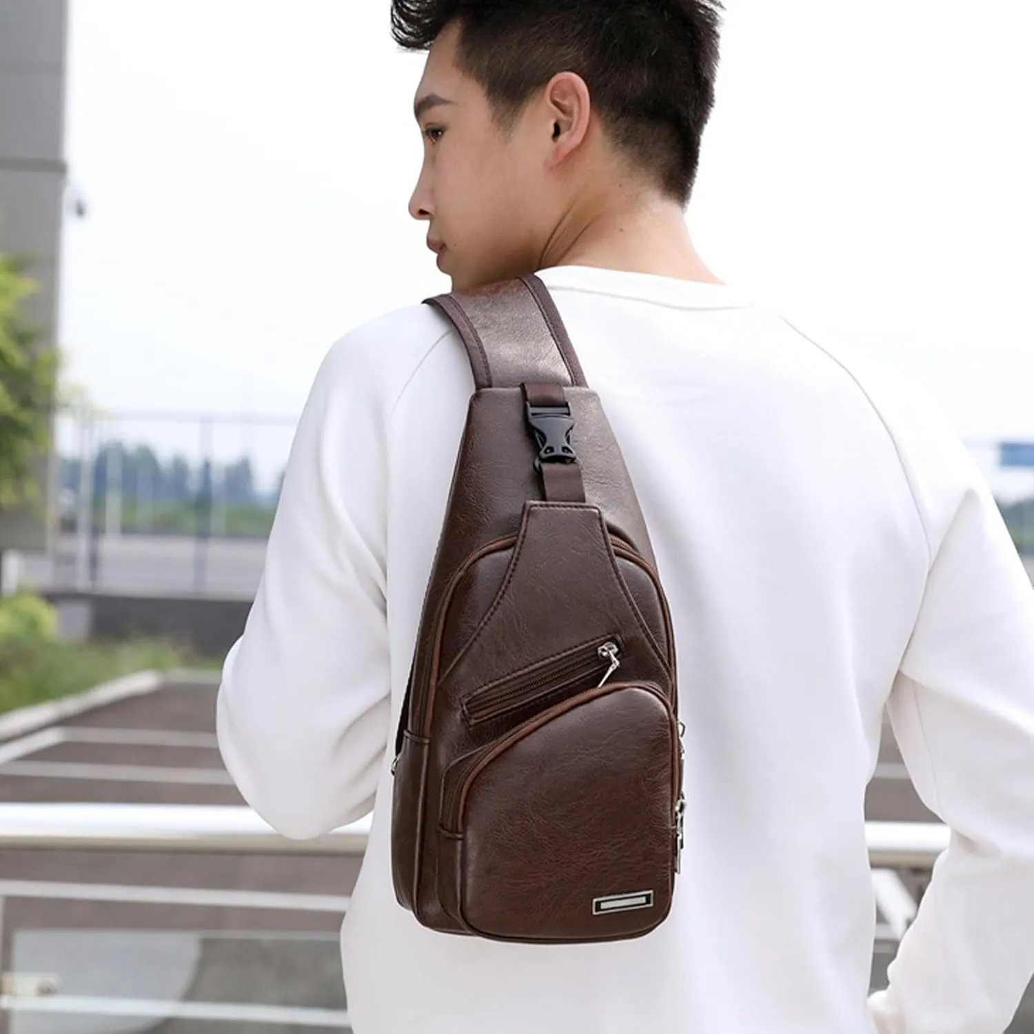Sling Bag For Men Women, Portable Crossbody Daypack Chest Bags With Earphone Hole, Shoulder Backpack For Hiking Camping (Brown)