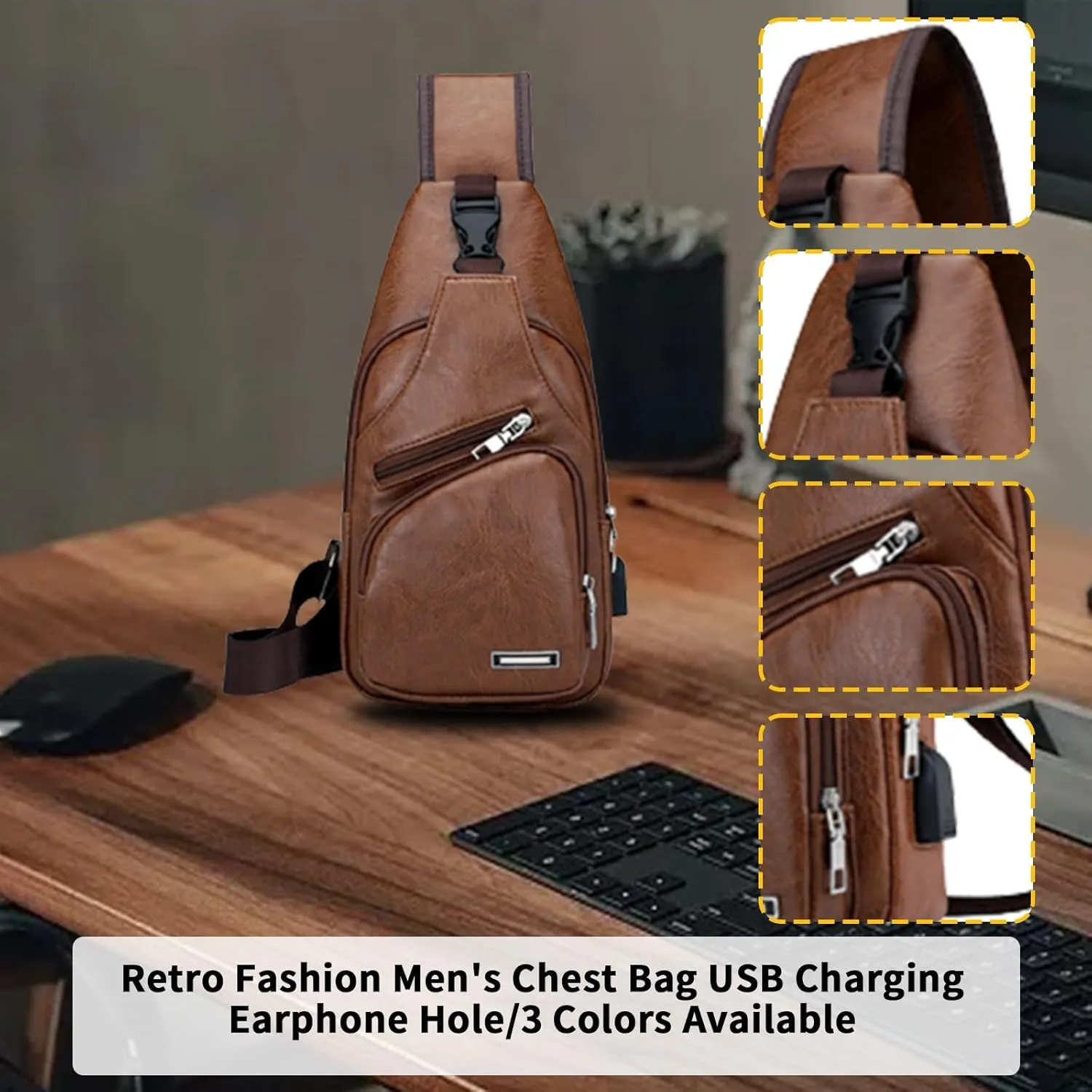 Sling Bag For Men Women, Portable Crossbody Daypack Chest Bags With Earphone Hole, Shoulder Backpack For Hiking Camping (Khaki)