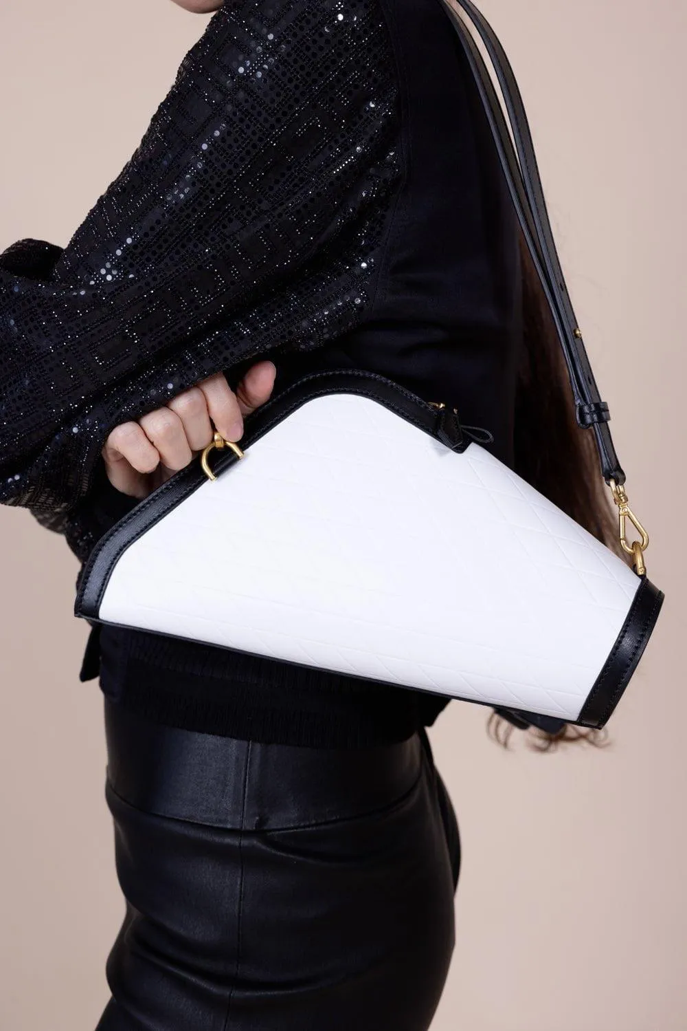 Small Berlingot Embossed Grid Bag - Blanc Noir