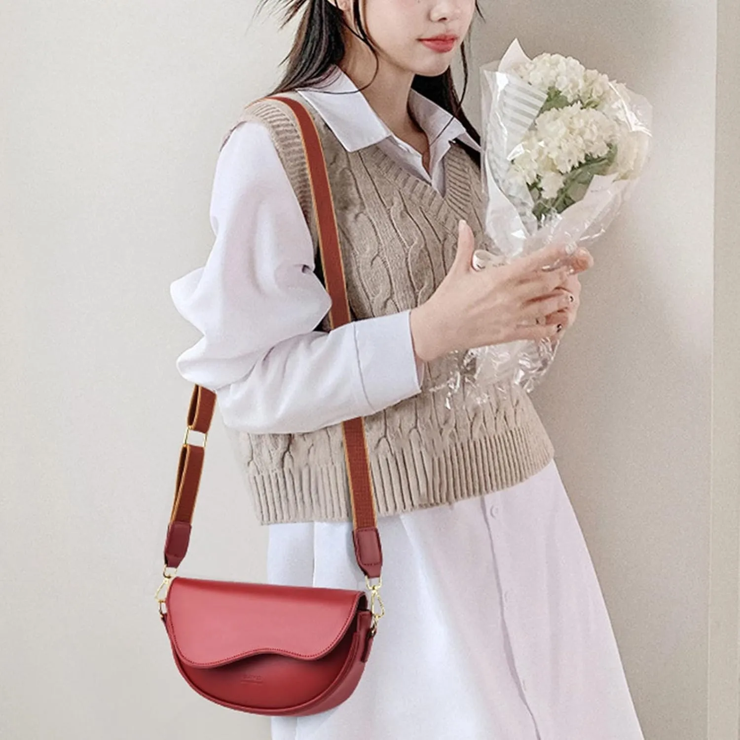 Small Crossbody Handbags For Women Multipurpose Soft Shoulder Bags Lightweight Retro Tote Bag Leather (Red, One Size)