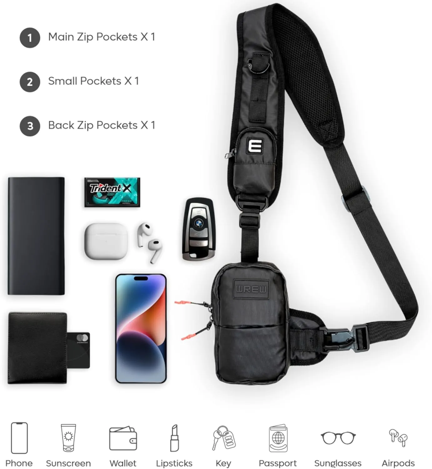 Small Sling Bag for Men-Cross body bag with Shoulder Straps,Mini Sling Crossbody bag for Women-Travel Backpack for Hiking,Daypack Multipurpose Over the Shoulder Chest Bags with Keyholder(Black)