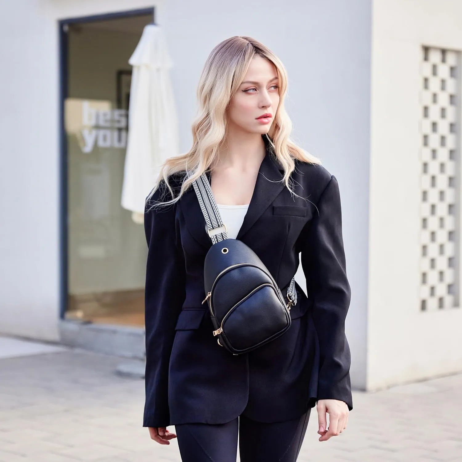 Small Sling Bag for Women Leather Crossbody Bags Fanny Pack Chest Bag for Travel, Black-1