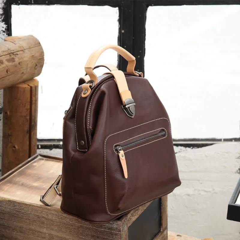Small Womens Brown Leather Doctor Bag Backpack Purse Cute Backpacks for Women