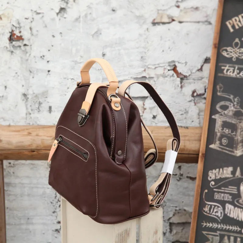 Small Womens Brown Leather Doctor Bag Backpack Purse Cute Backpacks for Women