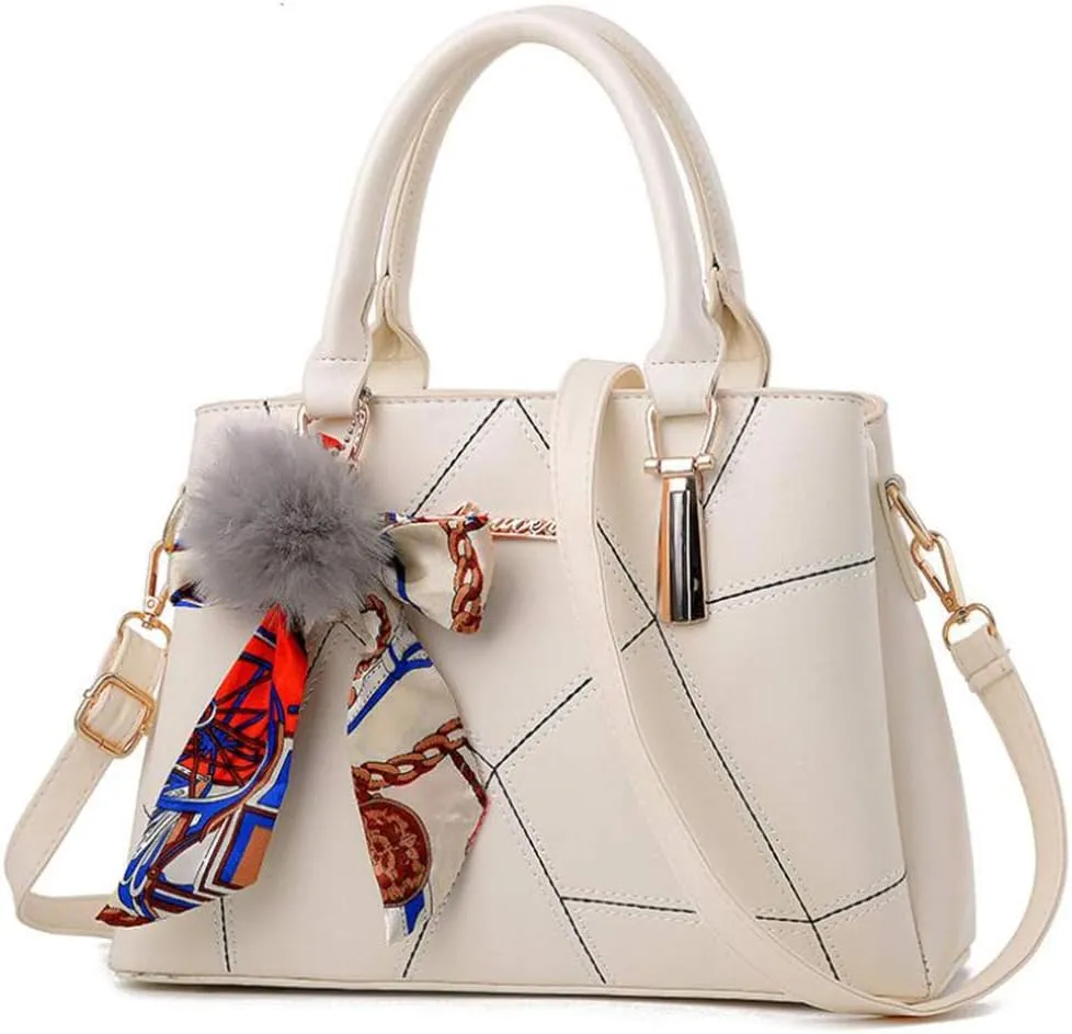 SMALLBLUER Top-handle Handbags Purse Soft PU Leather Crossbody Shoulder Bag Satchel with Bowknot Plush Ball Pendant