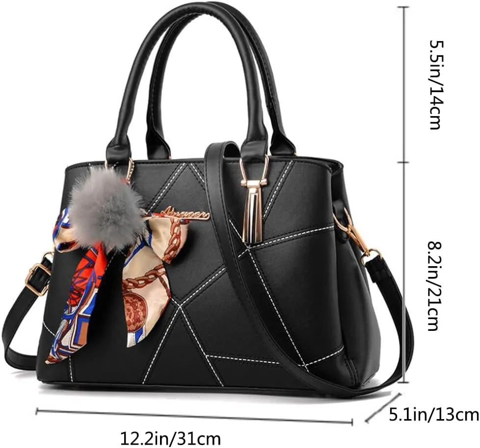 SMALLBLUER Top-handle Handbags Purse Soft PU Leather Crossbody Shoulder Bag Satchel with Bowknot Plush Ball Pendant