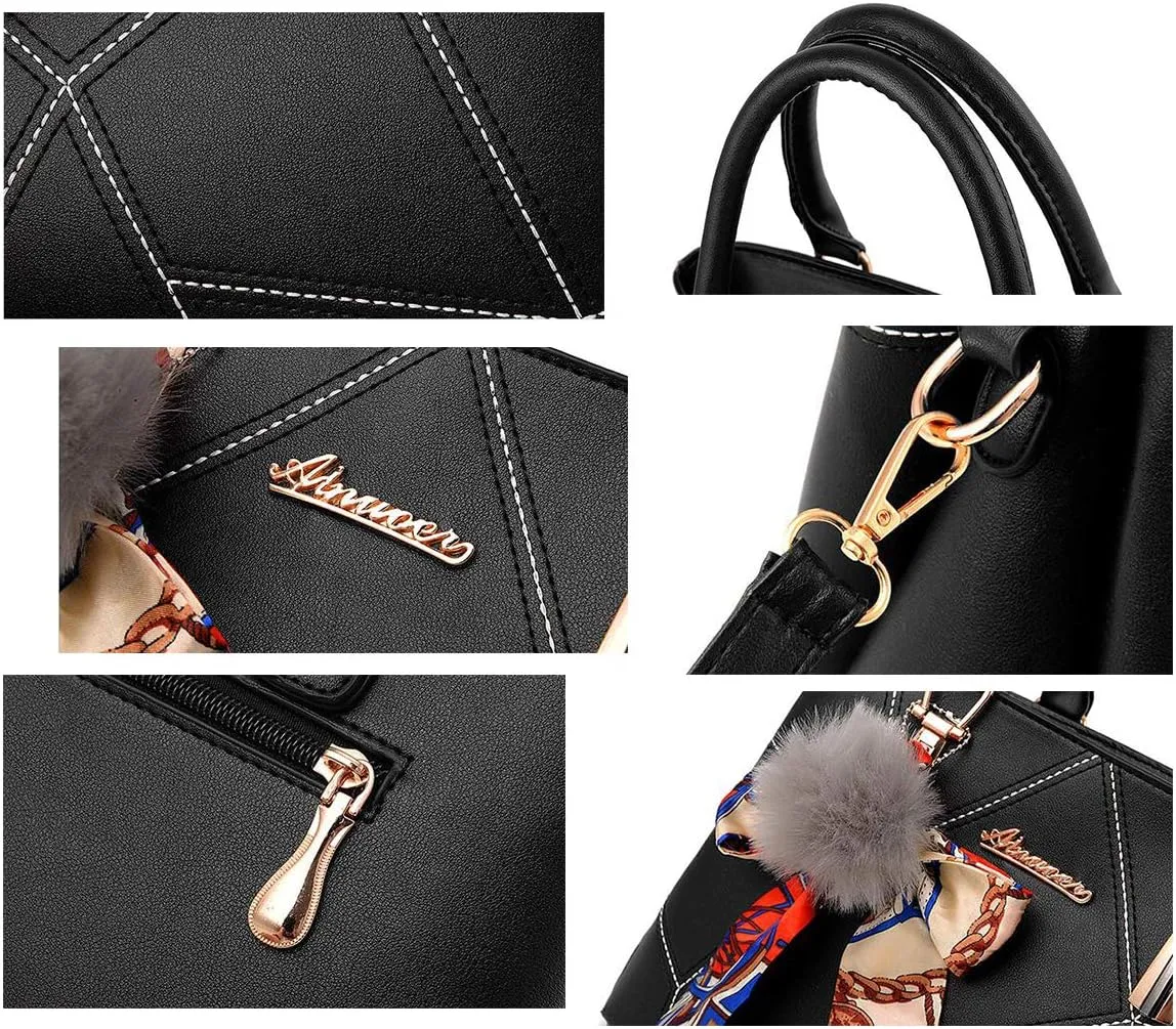 SMALLBLUER Top-handle Handbags Purse Soft PU Leather Crossbody Shoulder Bag Satchel with Bowknot Plush Ball Pendant