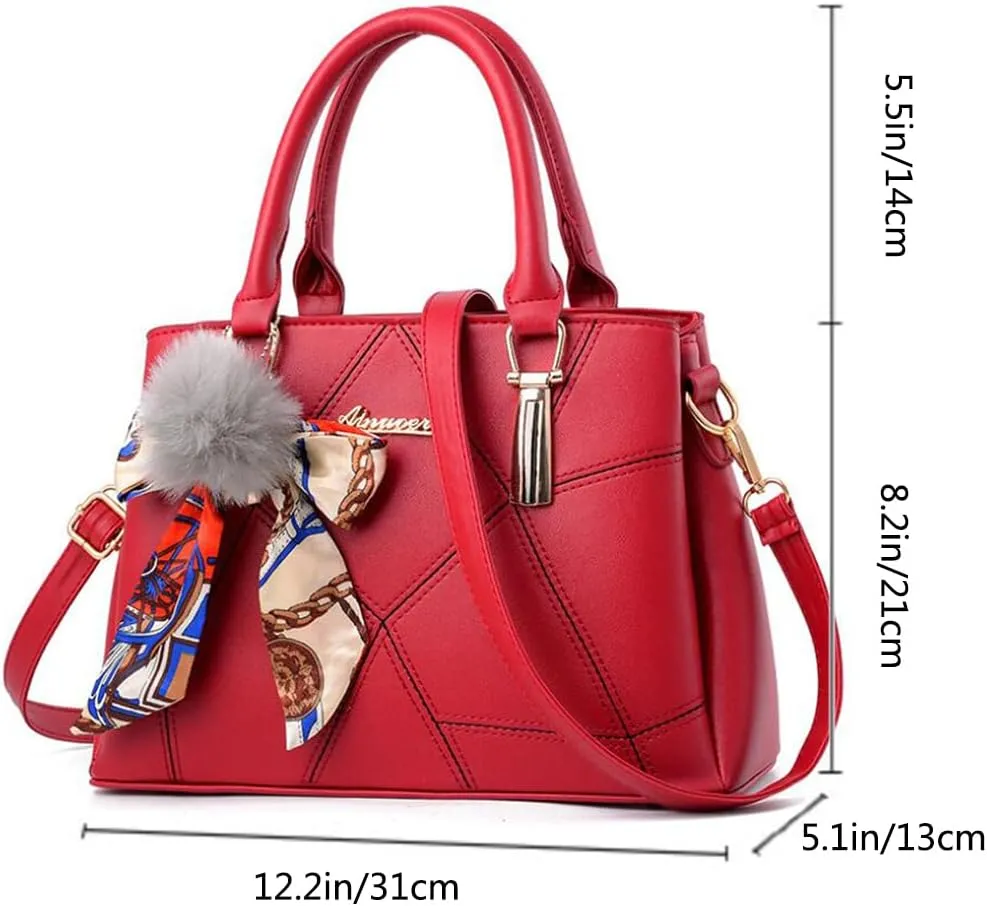 SMALLBLUER Top-handle Handbags Purse Soft PU Leather Crossbody Shoulder Bag Satchel with Bowknot Plush Ball Pendant