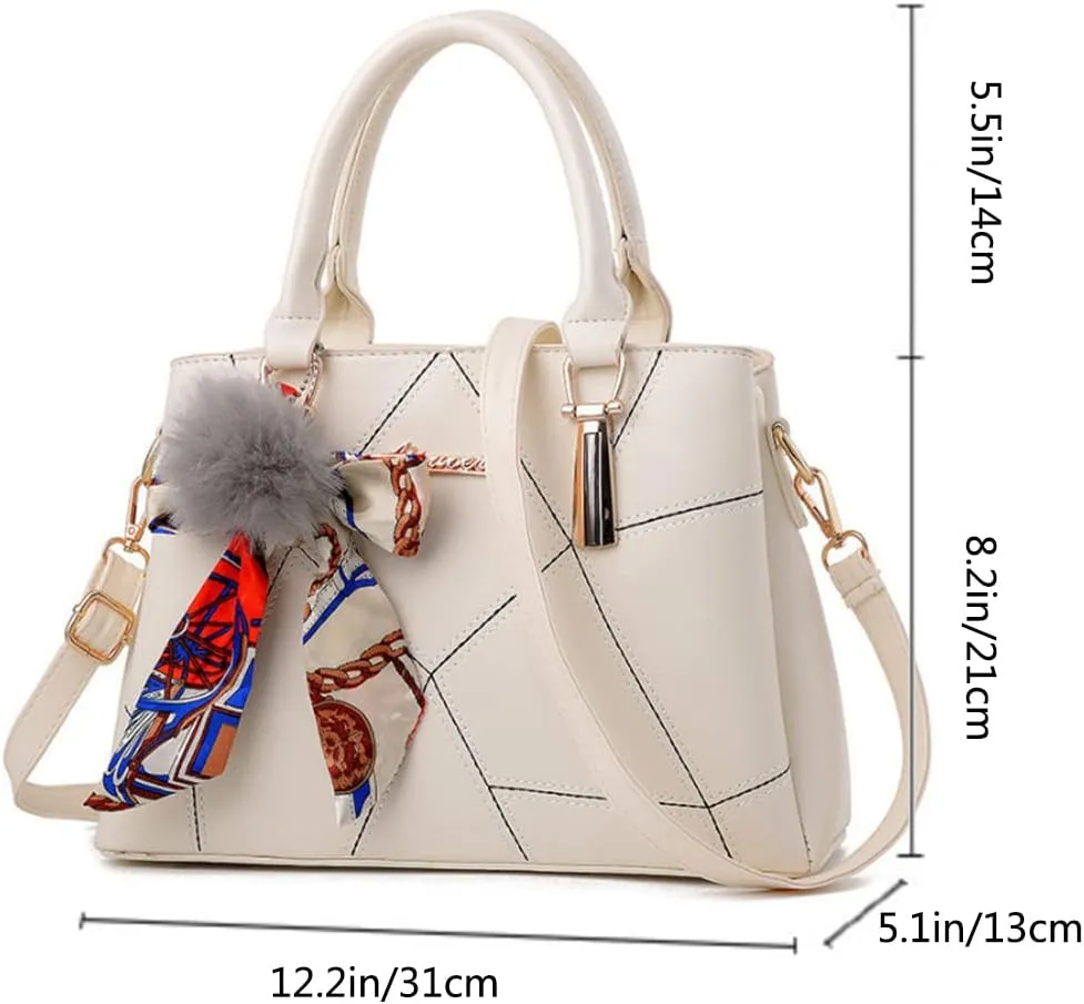 SMALLBLUER Top-handle Handbags Purse Soft PU Leather Crossbody Shoulder Bag Satchel with Bowknot Plush Ball Pendant
