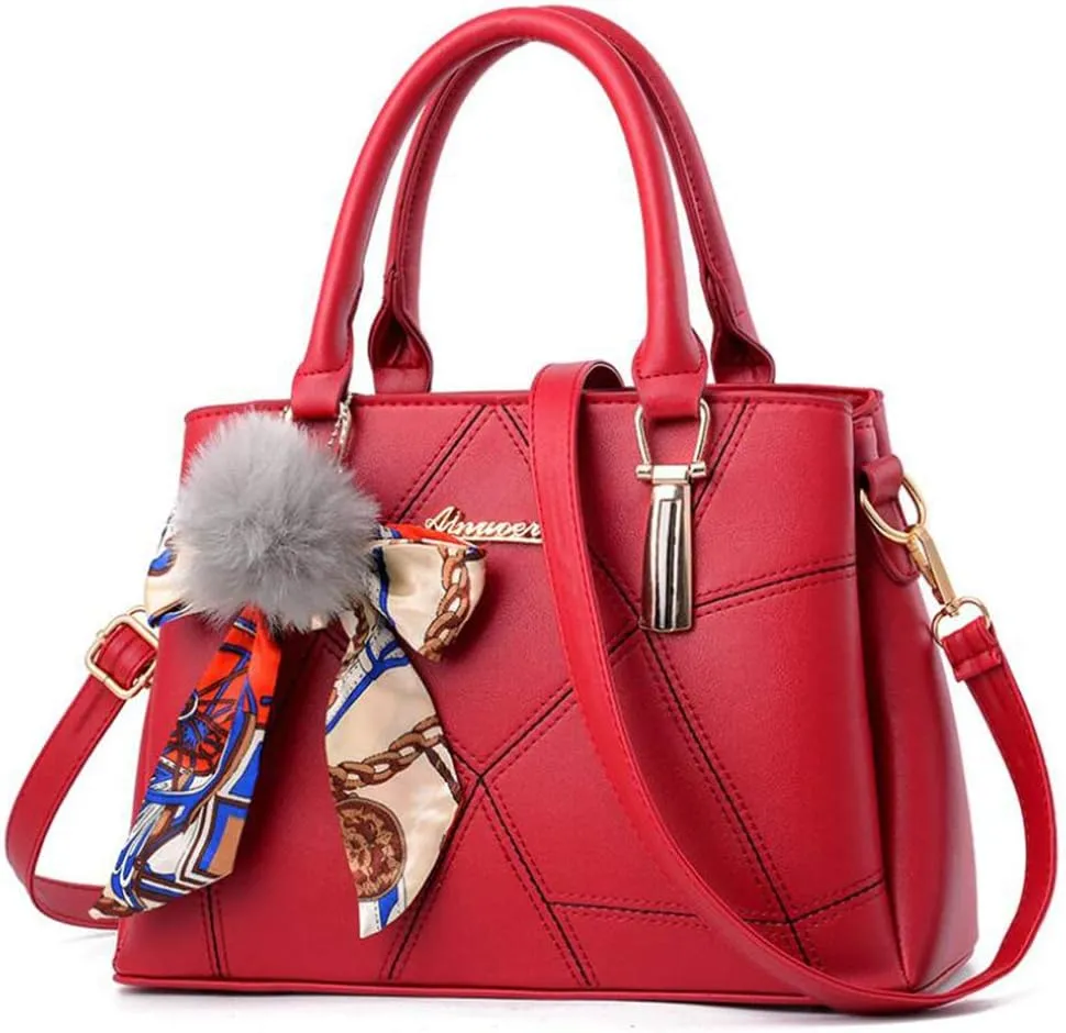 SMALLBLUER Top-handle Handbags Purse Soft PU Leather Crossbody Shoulder Bag Satchel with Bowknot Plush Ball Pendant