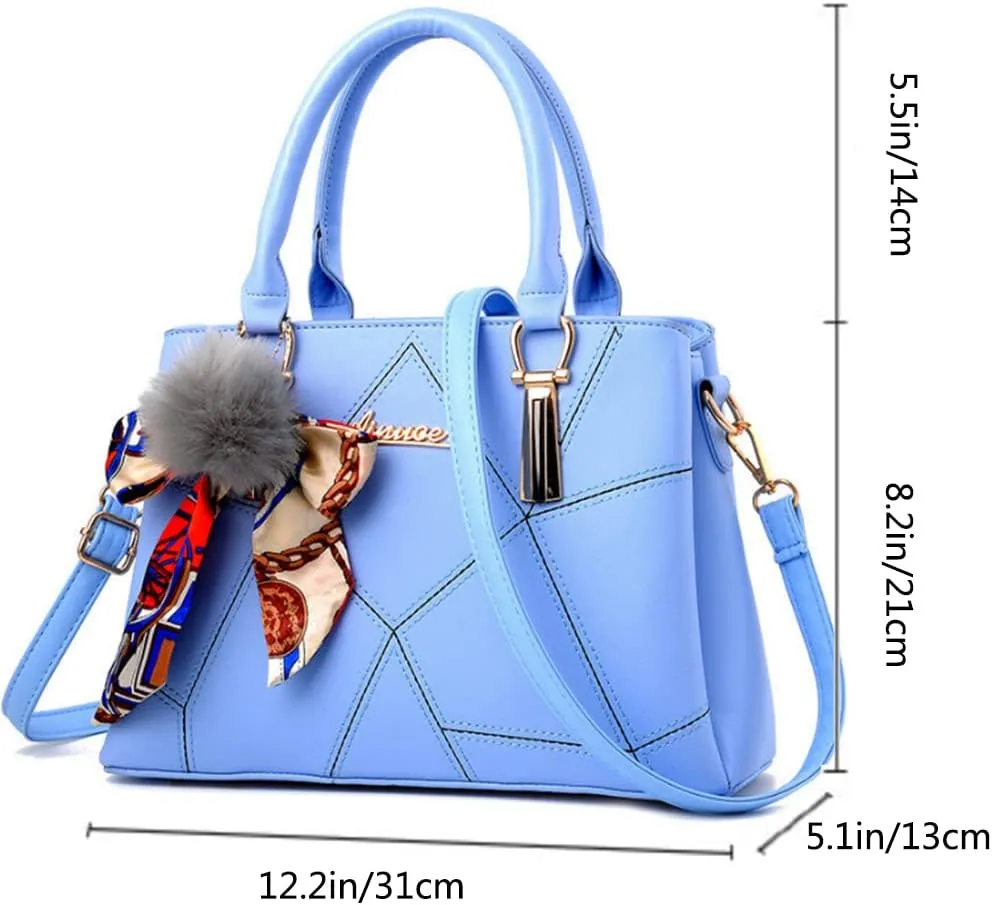 SMALLBLUER Top-handle Handbags Purse Soft PU Leather Crossbody Shoulder Bag Satchel with Bowknot Plush Ball Pendant