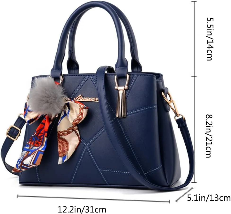 SMALLBLUER Top-handle Handbags Purse Soft PU Leather Crossbody Shoulder Bag Satchel with Bowknot Plush Ball Pendant