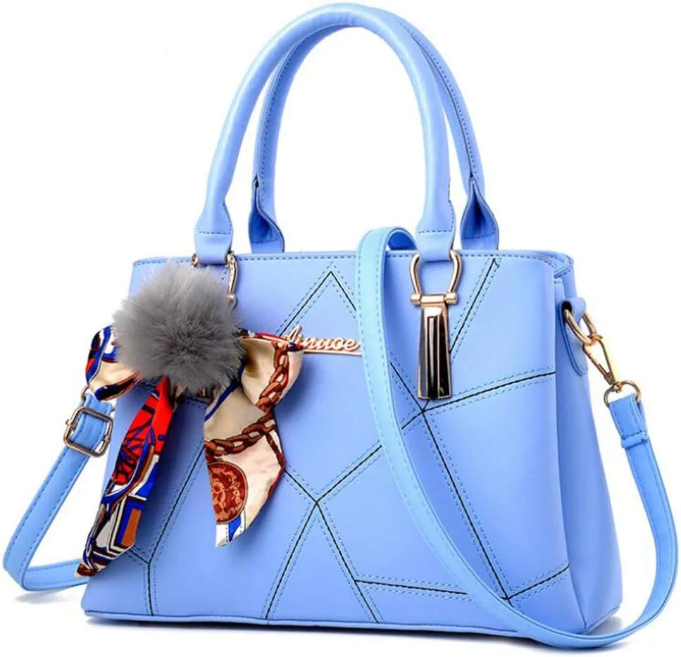 SMALLBLUER Top-handle Handbags Purse Soft PU Leather Crossbody Shoulder Bag Satchel with Bowknot Plush Ball Pendant