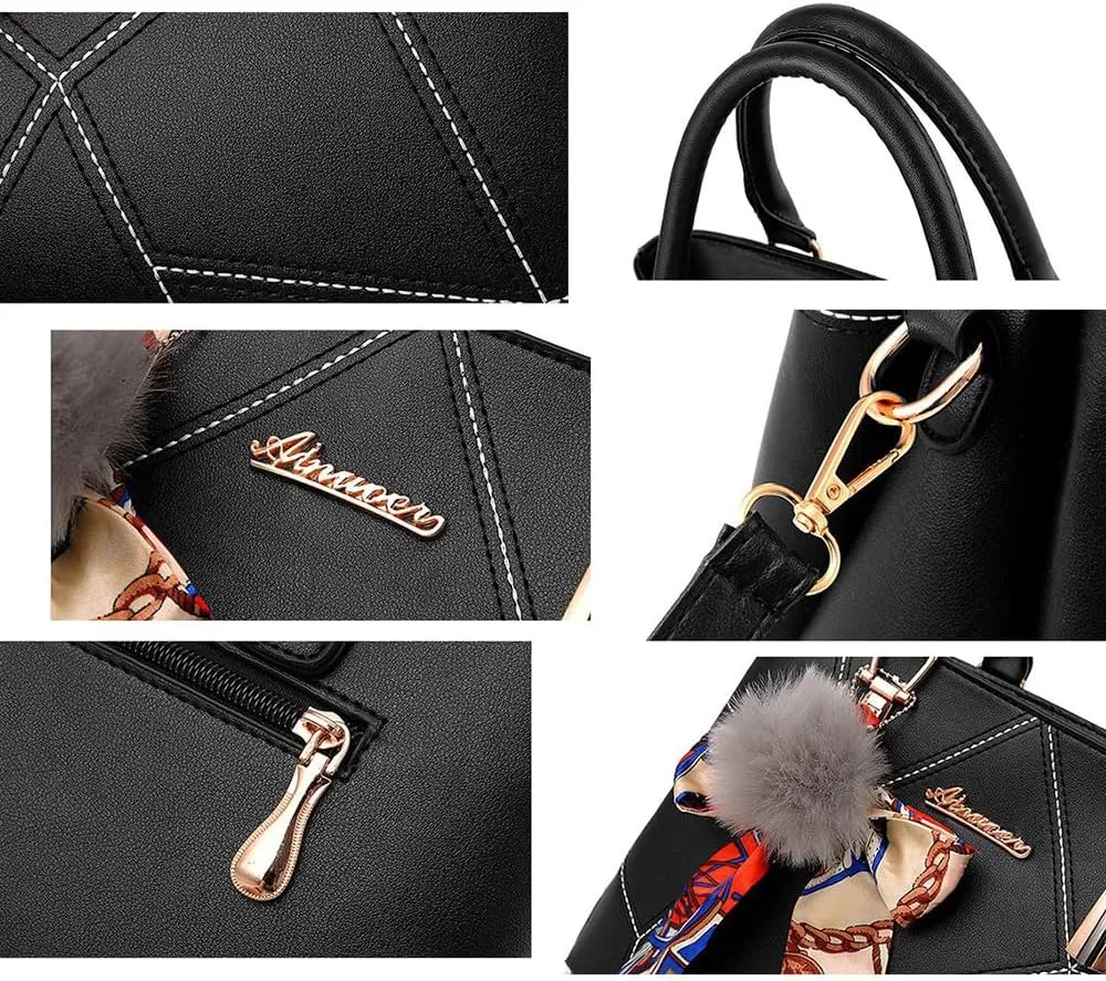 SMALLBLUER Top-handle Handbags Purse Soft PU Leather Crossbody Shoulder Bag Satchel with Bowknot Plush Ball Pendant