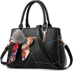 SMALLBLUER Top-handle Handbags Purse Soft PU Leather Crossbody Shoulder Bag Satchel with Bowknot Plush Ball Pendant