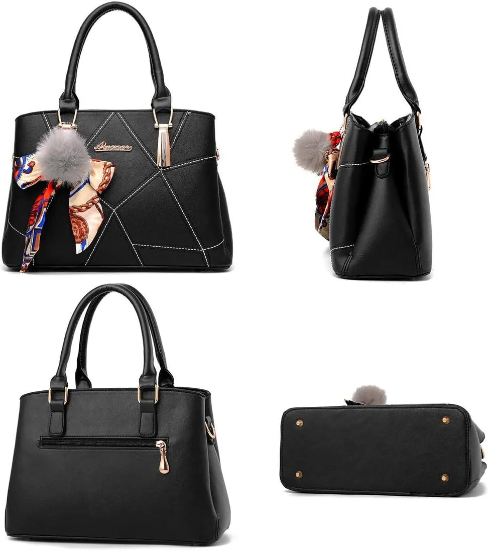 SMALLBLUER Top-handle Handbags Purse Soft PU Leather Crossbody Shoulder Bag Satchel with Bowknot Plush Ball Pendant