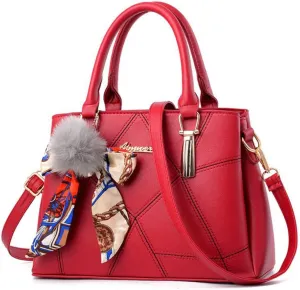 SMALLBLUER Top-handle Handbags Purse Soft PU Leather Crossbody Shoulder Bag Satchel with Bowknot Plush Ball Pendant