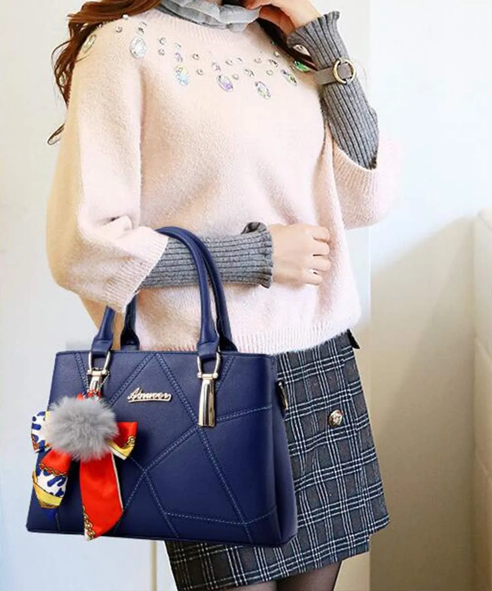 SMALLBLUER Top-handle Handbags Purse Soft PU Leather Crossbody Shoulder Bag Satchel with Bowknot Plush Ball Pendant