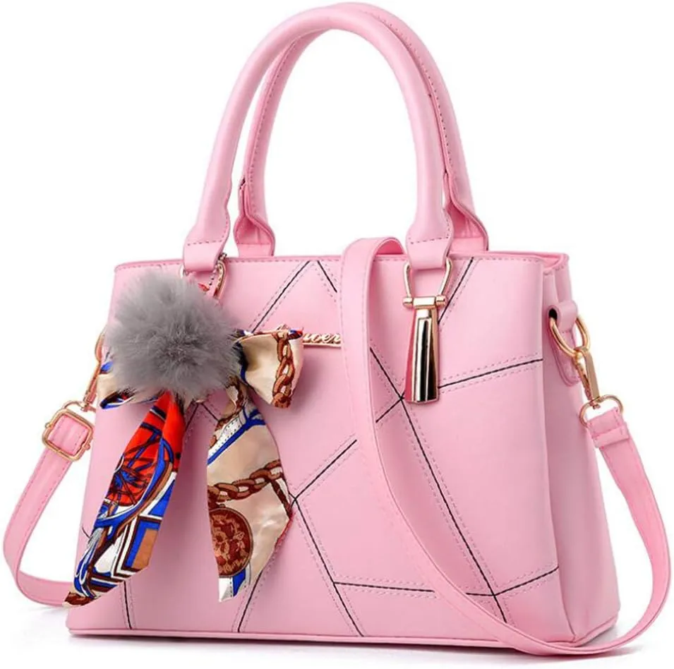 SMALLBLUER Top-handle Handbags Purse Soft PU Leather Crossbody Shoulder Bag Satchel with Bowknot Plush Ball Pendant