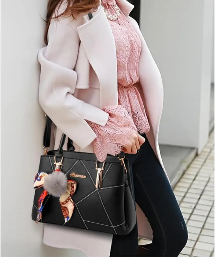 SMALLBLUER Top-handle Handbags Purse Soft PU Leather Crossbody Shoulder Bag Satchel with Bowknot Plush Ball Pendant