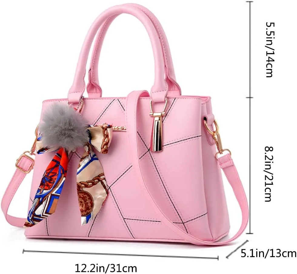 SMALLBLUER Top-handle Handbags Purse Soft PU Leather Crossbody Shoulder Bag Satchel with Bowknot Plush Ball Pendant