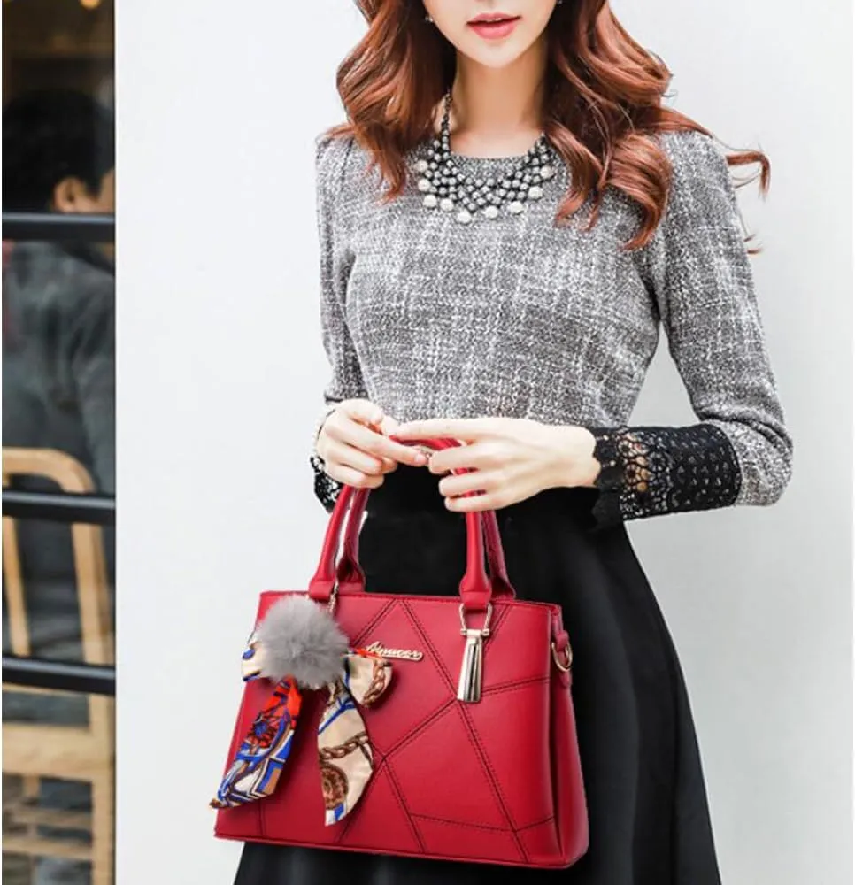 SMALLBLUER Top-handle Handbags Purse Soft PU Leather Crossbody Shoulder Bag Satchel with Bowknot Plush Ball Pendant