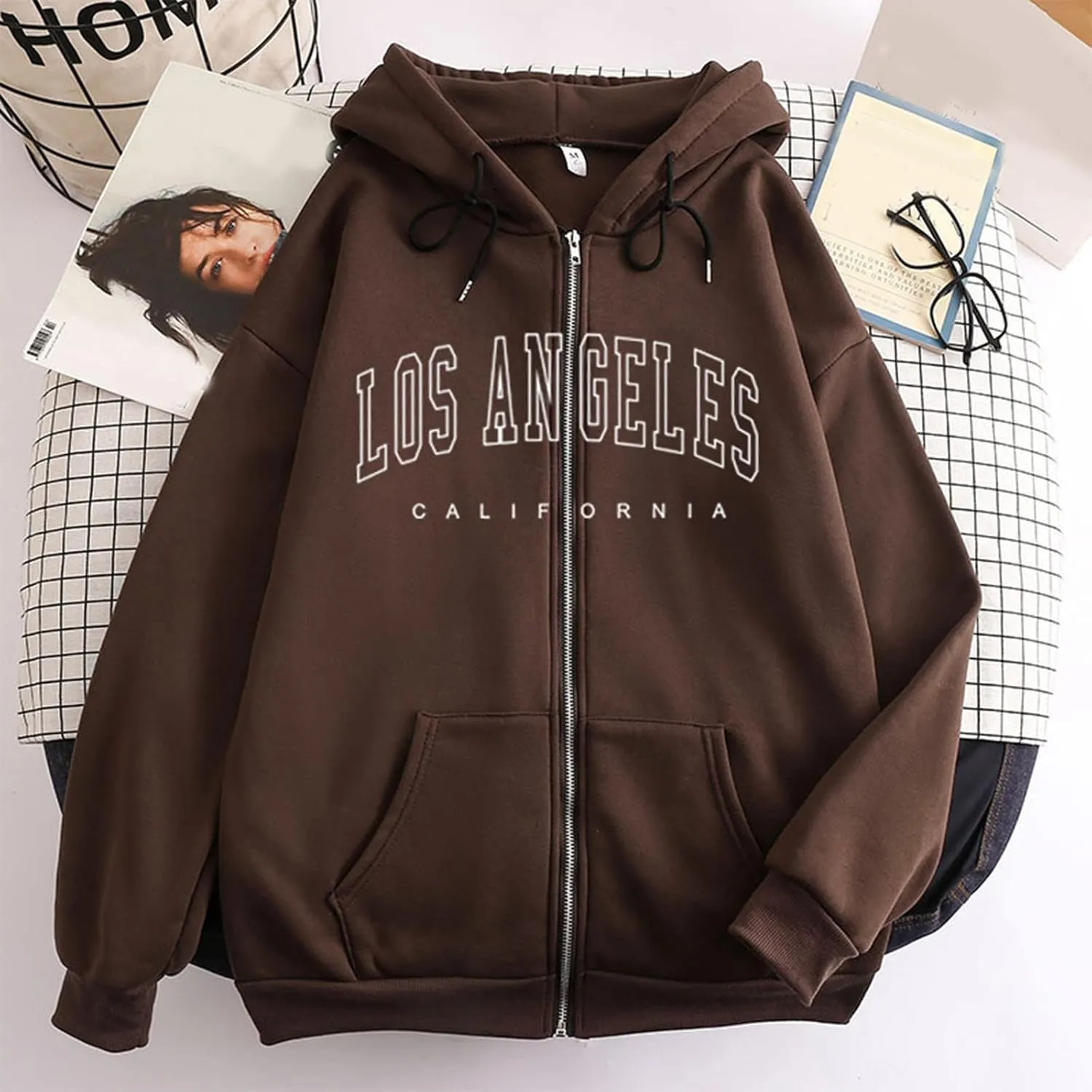 Sporty Trendy Hoodies for Women Los Angeles California Solid Color with Pockets Athletic Clean Zip Up Casual Baggy
