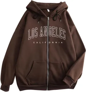Sporty Trendy Hoodies for Women Los Angeles California Solid Color with Pockets Athletic Clean Zip Up Casual Baggy