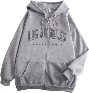 Sporty Trendy Hoodies for Women Los Angeles California Solid Color with Pockets Athletic Clean Zip Up Casual Baggy