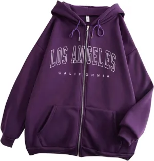 Sporty Trendy Hoodies for Women Los Angeles California Solid Color with Pockets Athletic Clean Zip Up Casual Baggy