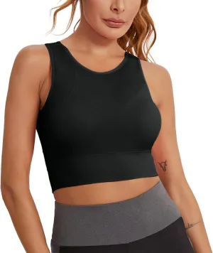 Sporty Workout Sports Bras for Women Supportive Color Block Longline Gym Sleeveless Push Up High Impact Running Crop