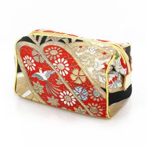 Spring Bird Bamboo Kimono Travel / Make-up Bag | Upcycled Kimono Obi Silk