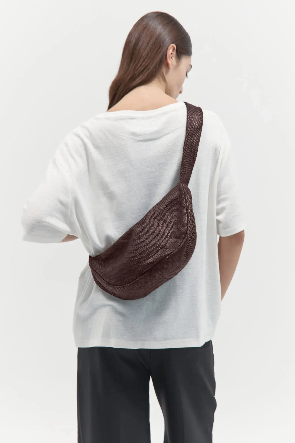St Agni Woven Crescent Bag in Chocolate