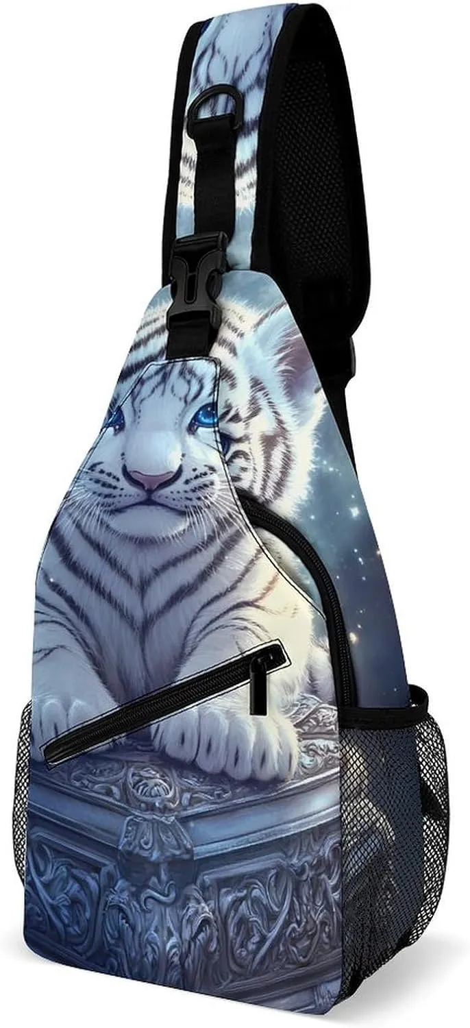 Starry White Tiger Sling Backpack Multipurpose Crossbody Shoulder Bags Travel Chest Bag Hiking Daypack
