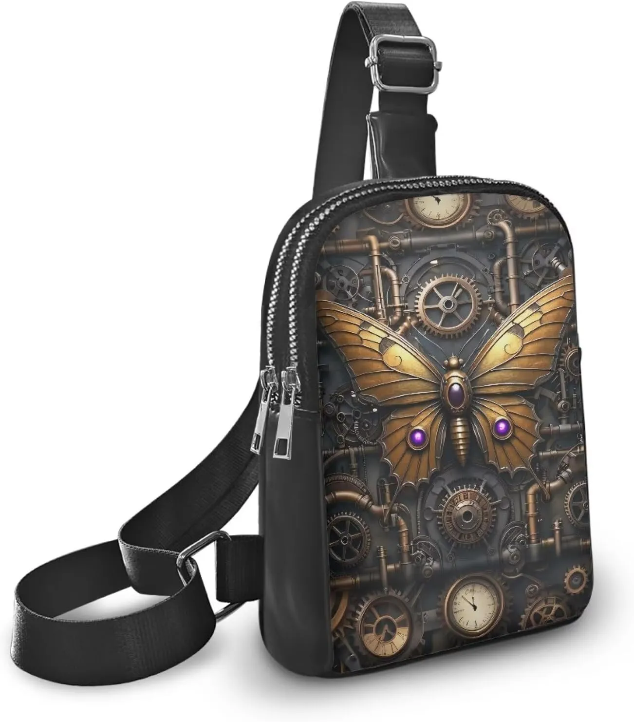 Steampunk Crossbody Bags for Women PU Leather Sling Bag, Mechanical Robotic Gears Chest Bags for Travel Running
