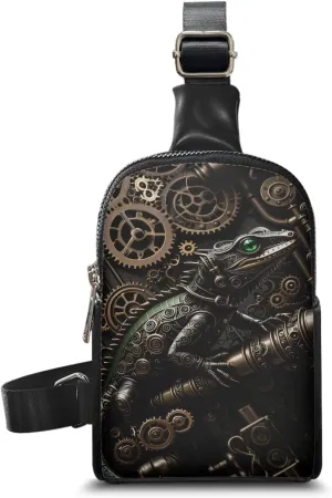 Steampunk Crossbody Bags for Women PU Leather Sling Bag, Mechanical Robotic Gears Chest Bags for Travel Running