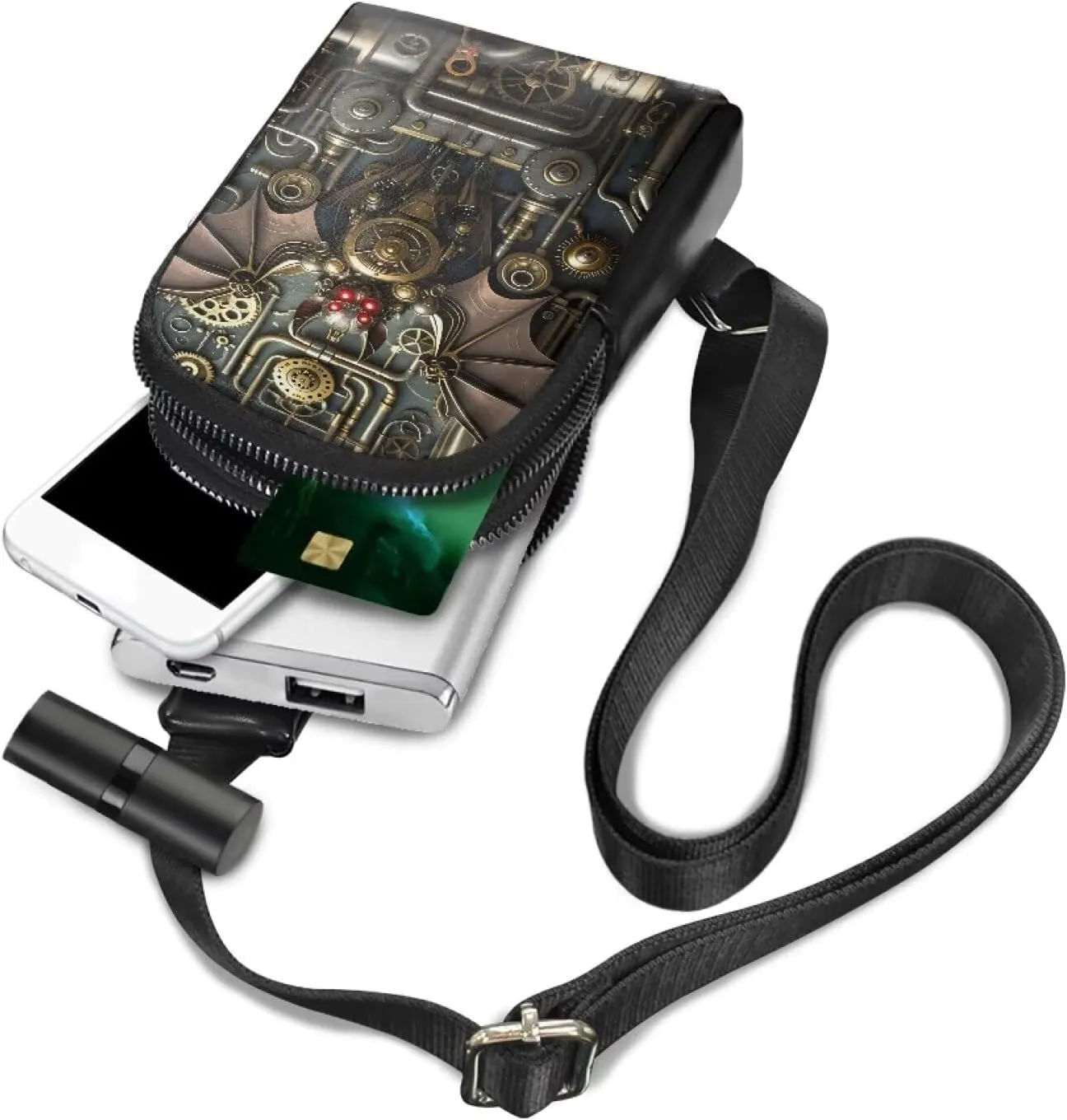 Steampunk Crossbody Bags for Women PU Leather Sling Bag, Mechanical Robotic Gears Chest Bags for Travel Running