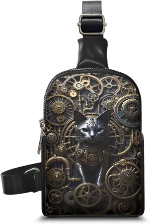 Steampunk Crossbody Bags for Women PU Leather Sling Bag, Mechanical Robotic Gears Chest Bags for Travel Running