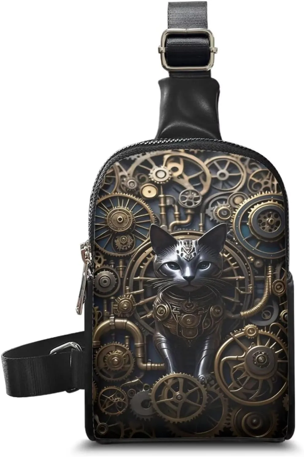 Steampunk Crossbody Bags for Women PU Leather Sling Bag, Mechanical Robotic Gears Chest Bags for Travel Running