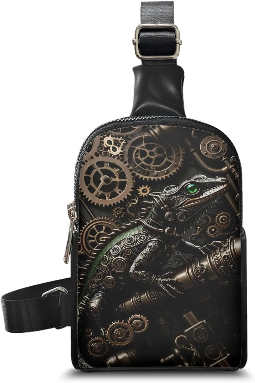 Steampunk Crossbody Bags for Women PU Leather Sling Bag, Mechanical Robotic Gears Chest Bags for Travel Running