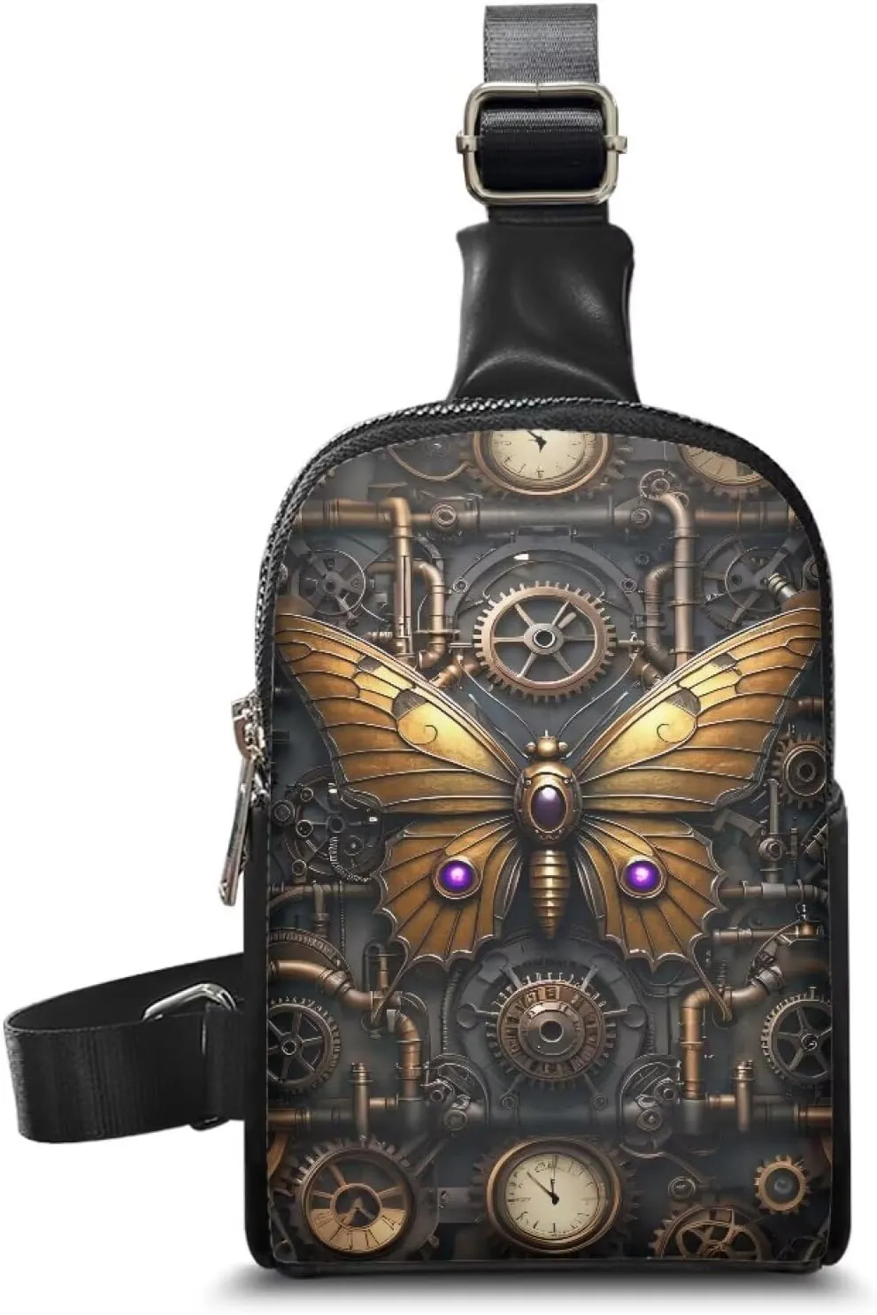Steampunk Crossbody Bags for Women PU Leather Sling Bag, Mechanical Robotic Gears Chest Bags for Travel Running
