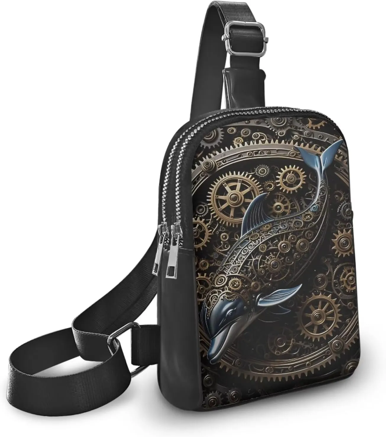 Steampunk Crossbody Bags for Women PU Leather Sling Bag, Mechanical Robotic Gears Chest Bags for Travel Running