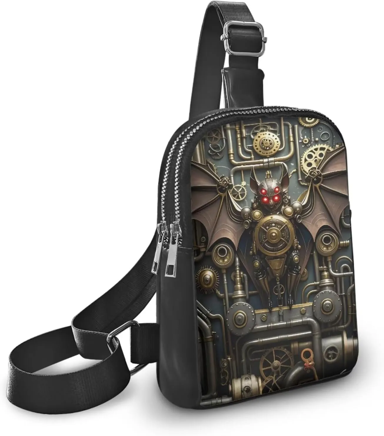 Steampunk Crossbody Bags for Women PU Leather Sling Bag, Mechanical Robotic Gears Chest Bags for Travel Running