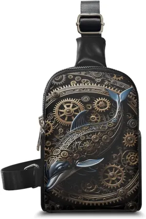 Steampunk Crossbody Bags for Women PU Leather Sling Bag, Mechanical Robotic Gears Chest Bags for Travel Running