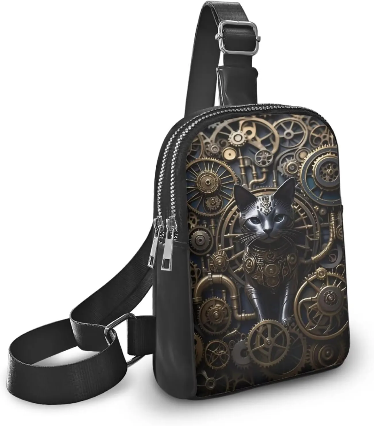 Steampunk Crossbody Bags for Women PU Leather Sling Bag, Mechanical Robotic Gears Chest Bags for Travel Running