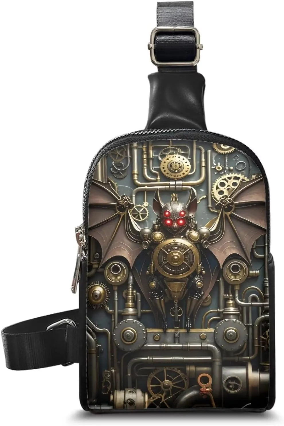 Steampunk Crossbody Bags for Women PU Leather Sling Bag, Mechanical Robotic Gears Chest Bags for Travel Running