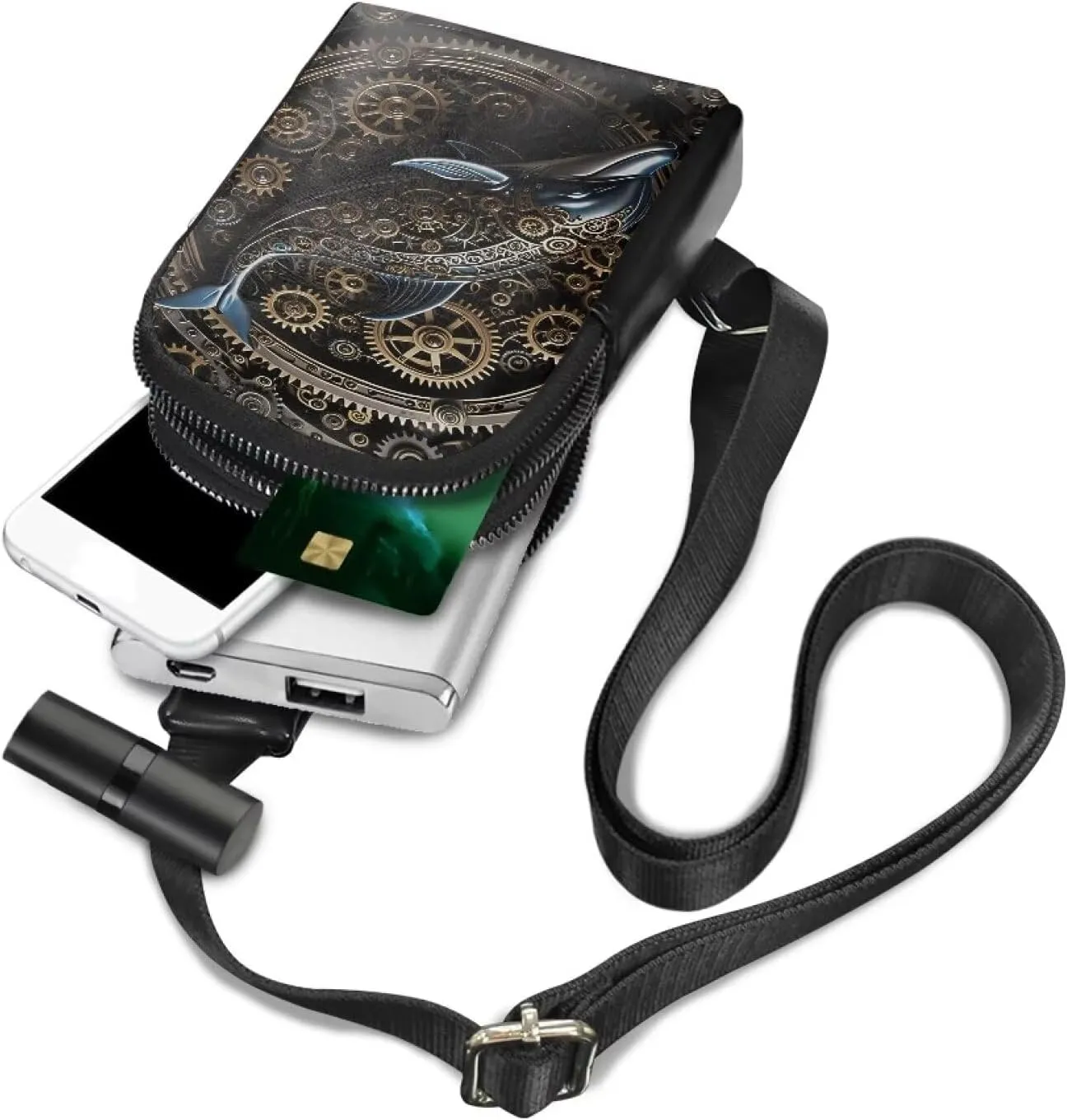 Steampunk Crossbody Bags for Women PU Leather Sling Bag, Mechanical Robotic Gears Chest Bags for Travel Running