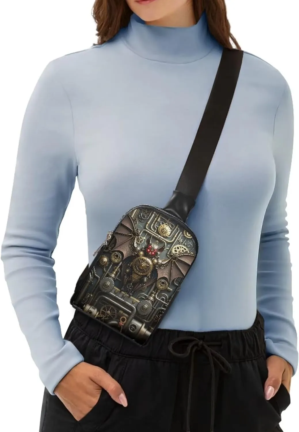 Steampunk Crossbody Bags for Women PU Leather Sling Bag, Mechanical Robotic Gears Chest Bags for Travel Running